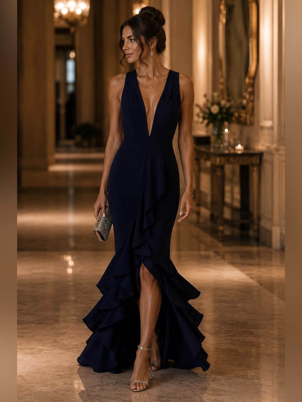 Betsy & Adam Navy Ruffle Hem Gown